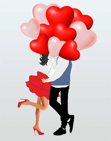 ロマンチックな女性とハート型の風船を持った男の出会い — ストックベクタ