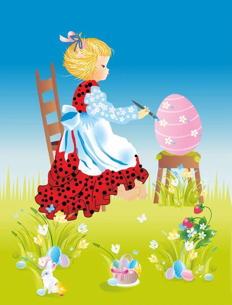 Composition Easter Girl Who Sits Chair Paints Easter Egg — Image vectorielle