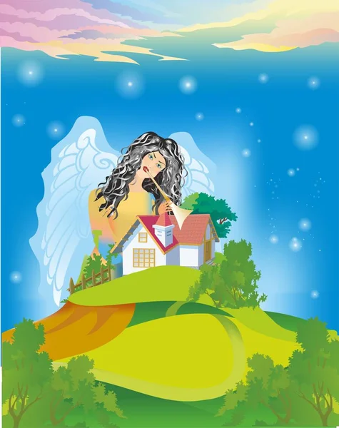 Composition House Hill Angel Who Watches — Stock Vector