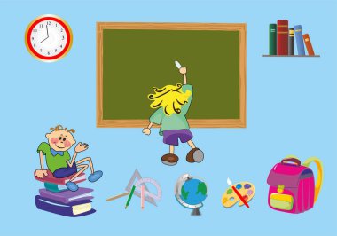 composition showing students and school supplies