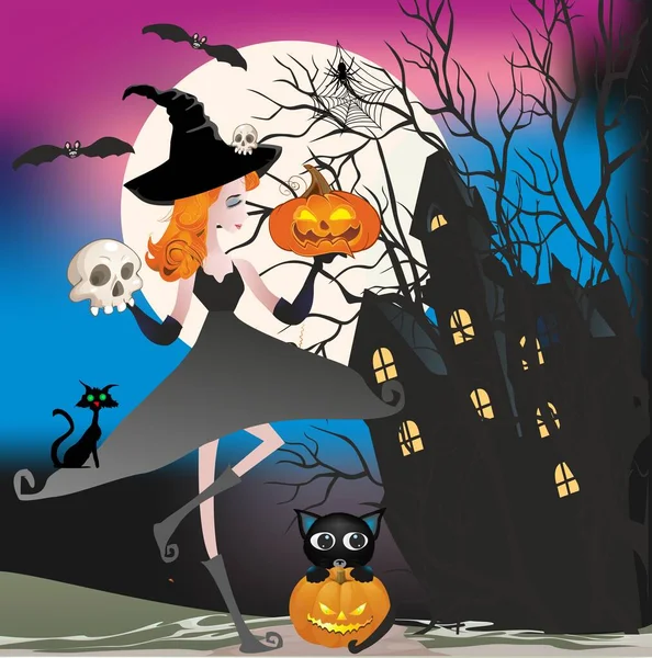 Composição Engraçada Com Uma Bruxa Gatos Abóboras Para Halloween — Vetor de Stock
