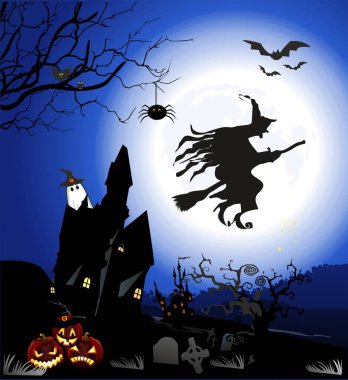 Cadılar Bayramı 'nda süpürge sapı üzerinde uçan bir cadıyla ve balkabağıyla kompozisyon