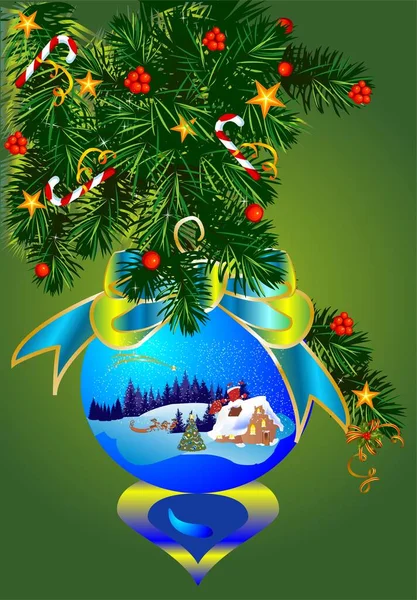 Composition Christmas Bauble Which Christmas Landscape Santa Claus Christmas Tree — Stock Vector