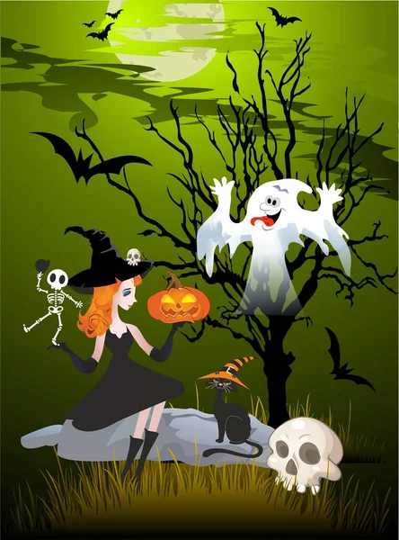 Funny Composition Witch Cat Skeleton Halloween — Stock Vector