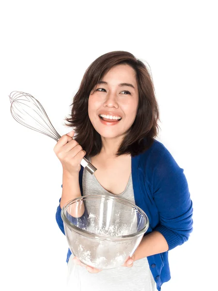 Isolated portrait of beautiful young success woman with whisk an — Stock Photo, Image