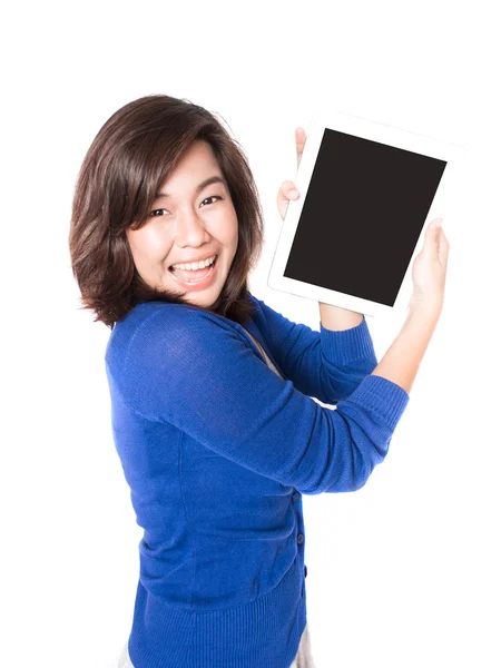 Isolated portrait of beautiful young woman with digital tablet o — Stock Photo, Image