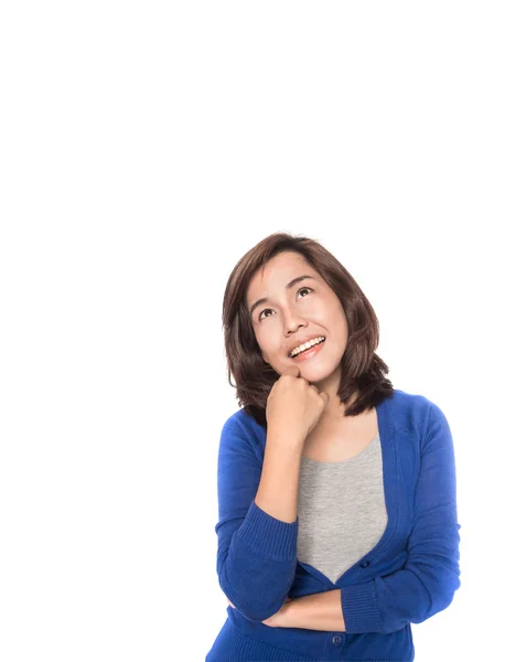 Thinking business woman looking up — Stock Photo, Image