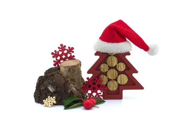 Різдвяні Прикраси Композиції Натуральним Дерев Яним Пеньком Декоративні Сніжинки Санта — стокове фото