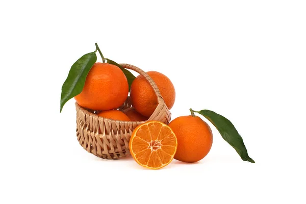Clementine Tangerine Mandarin Orange Fruit Green Leaves Half Cut Citrus — Stock Photo, Image