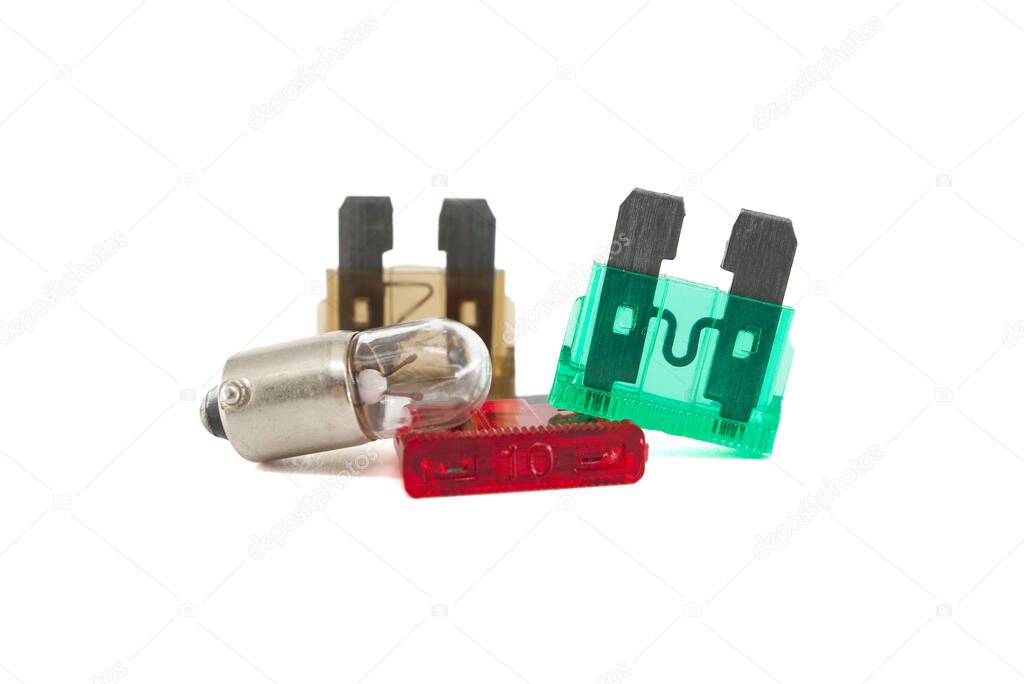 Automotive fuses with open circuit used to protect the wiring and electrical equipment for vehicles isolated on white background. Blown fuse