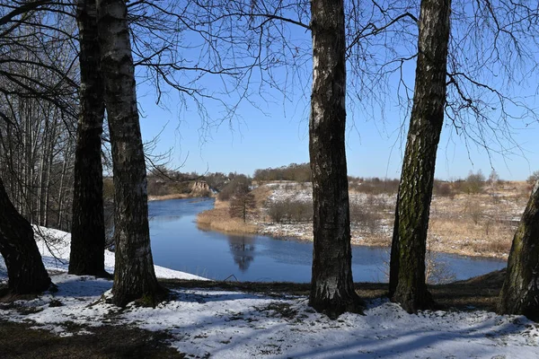 美丽的冬季风景 清澈的河流 白雪覆盖着两岸 轮廓分明的树木 从自然和季节的角度出发 — 图库照片
