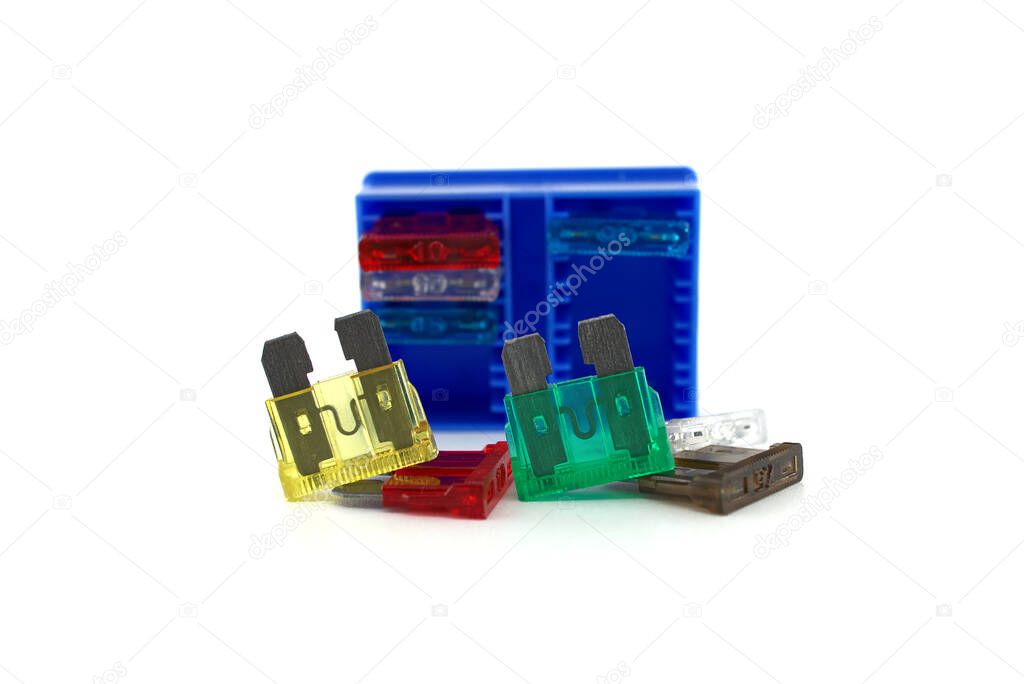 Blade-type automotive fuses with open circuit used to protect the wiring and electrical equipment for vehicles isolated on white background. Blown fuse
