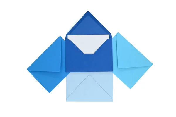 Envelopes Blue Hues Blank White Card Isolated White Background Viewed — 스톡 사진