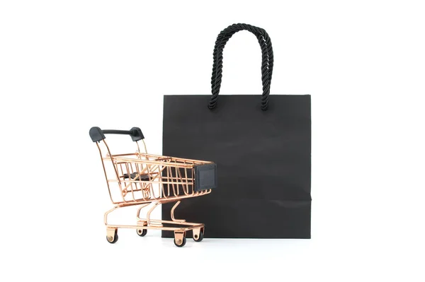 Carrello Shopping Bag Carta Nera Isolati Sfondo Bianco Venerdì Nero — Foto Stock