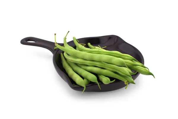 Une Poignée Haricots Verts Dans Casserole Isolée Sur Fond Blanc — Photo