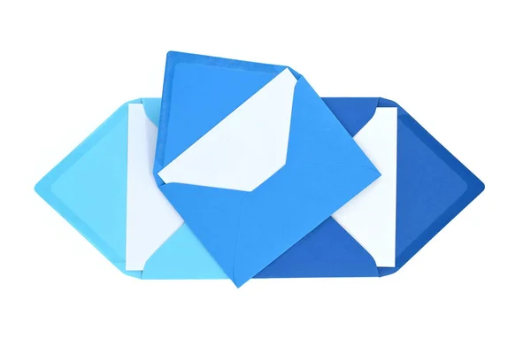Envelopes Blue Hues Blank White Card Isolated White Background Viewed — Stock Photo, Image