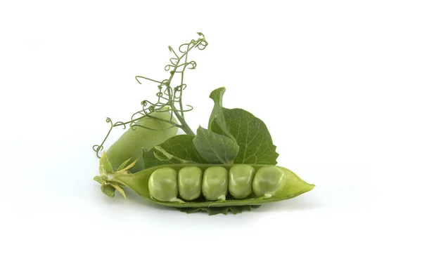 Fresh green peas and pea pods with green leaves isolated on a white background