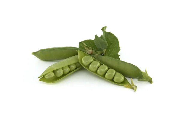 Fresh Green Peas Pea Pods Green Leaves Isolated White Background — Fotografia de Stock