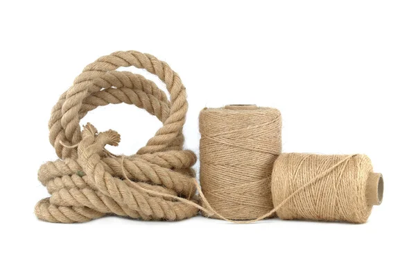 Twisted Jute Rope Spools Burlap Threads Jute Twine Isolated White — Fotografia de Stock