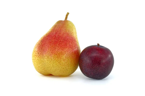 Fresh Ripe Pear Stem Plum Isolated White Background — 图库照片