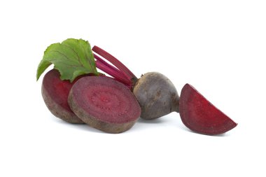 Sliced and whole fresh beet, beetroot isolated on white background