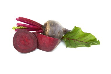 Sliced and whole fresh beet, beetroot isolated on white background