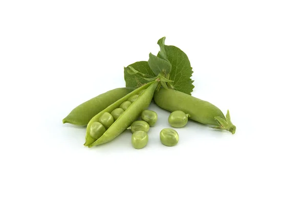 Fresh Green Peas Pea Pods Green Leaves Isolated White Background — Foto de Stock