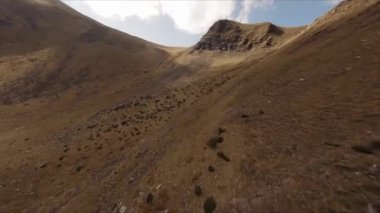 FPV insansız hava aracı görüntüleri: Düzleştirilmiş Sinek Highland Gölü etrafındaki Rocky Tepesi boyunca uçuyor.