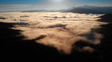 Hava manzarası: İnanılmaz Kalın Sabah Sisi Dağları Baharat ve Spruce Ormanı. Gündoğumu Sonbahar Zamanı.