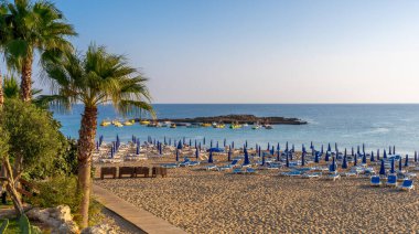 Terkedilmiş tropikal bir sahilde boş güverte sandalyeleri olan bir sabah