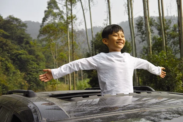 Mutlu çocuk arabada seyahat — Stok fotoğraf