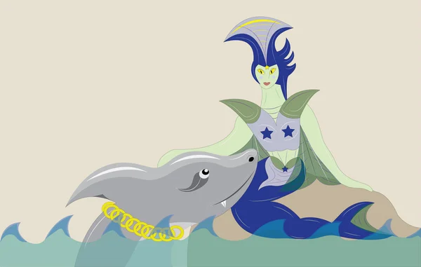 Sirena marina y tiburón . — Archivo Imágenes Vectoriales