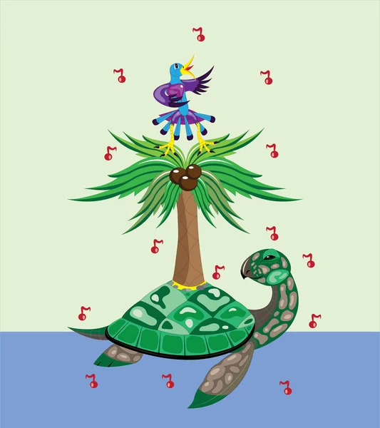 Turtle, palmiye ağacı ve kuş. — Stok Vektör