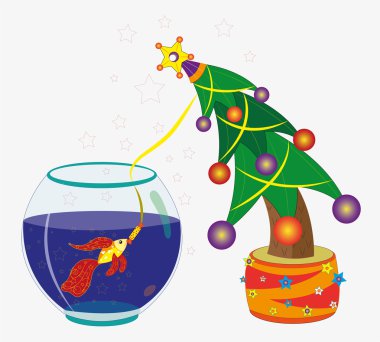 Akvaryum balığı ve yılbaşı çam ağacı.