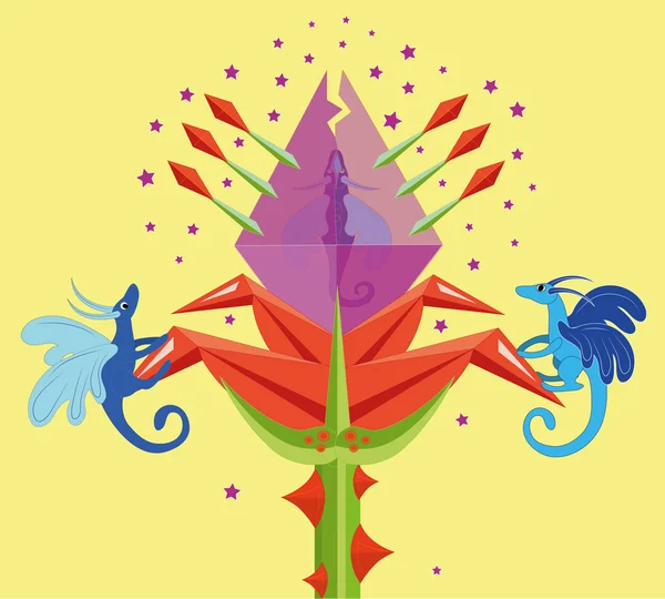 幻想的な花と龍. — ストックベクタ