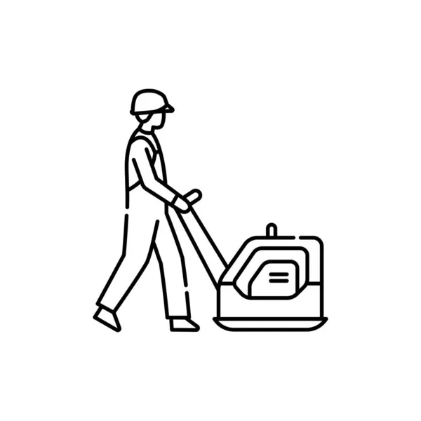Worker Vibrating Plate Sign Olor Line Icon Road Construction Pictogram — Stock Vector
