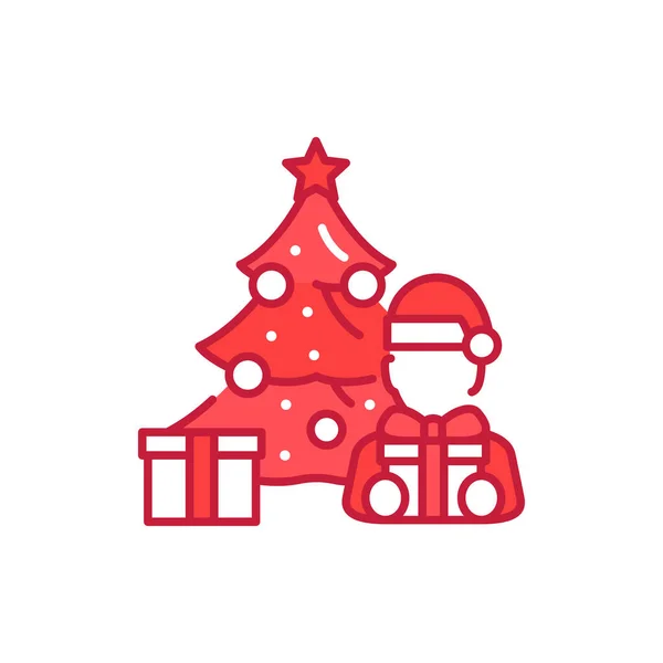 Arbre décoré de Noël et icône de ligne de couleur enfant. Des lumières brillantes. Course modifiable. — Image vectorielle