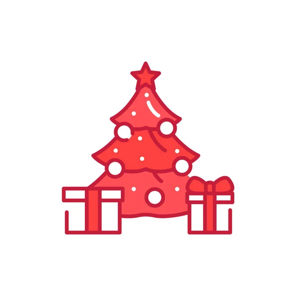 Arbre décoré de Noël avec des cadeaux couleur ligne icône. Des lumières brillantes. Course modifiable. — Image vectorielle