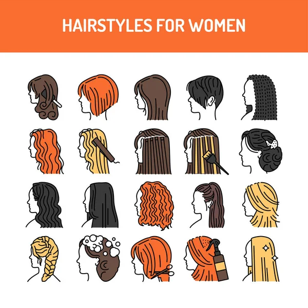 Peinados para las mujeres conjunto de iconos de línea de color. Pictogramas para página web — Vector de stock