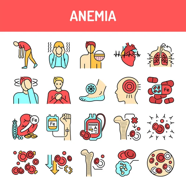 Anemia Line Icons Set Isolated Vector Element Outline Pictograms Web — Stock Vector
