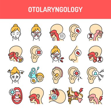 Otolaryngology çizgi simgeleri ayarlandı. İzole vektör elementi. Web sayfası, mobil uygulama, tanıtım için resim taslakları. Düzenlenebilir vuruş.