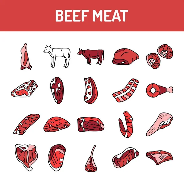Linia kolorów mięsa wołowego zestaw ikon. Piktogramy dla strony internetowej — Wektor stockowy