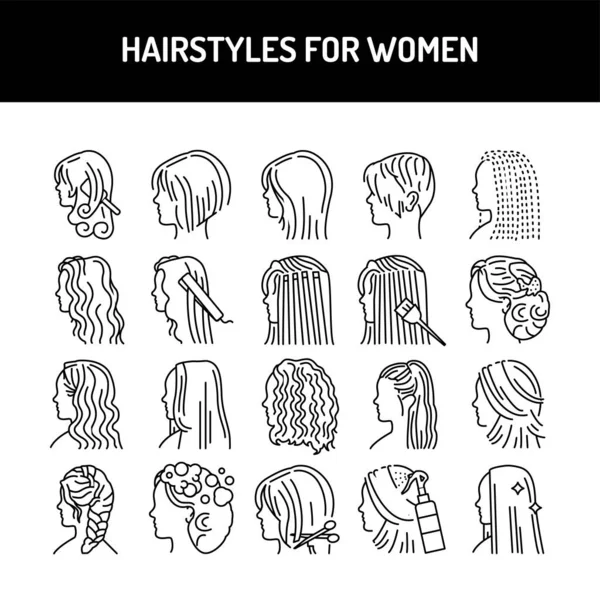 Peinados Para Las Mujeres Conjunto Iconos Línea Color Pictogramas Para — Vector de stock