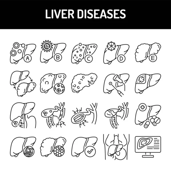 Liver Diseases Line Icons Set Isolated Vector Element Outline Pictograms — Stock Vector