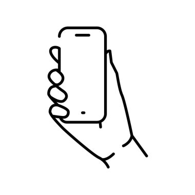Eller telefon renk çizgisi simgesini tutuyor. Web sayfası, mobil uygulama, tanıtım için resim grafiği.