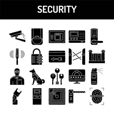 Güvenlik çizgisi simgeleri ayarlandı. İzole vektör elementi. Web sayfası, mobil uygulama, tanıtım için resim taslakları. Düzenlenebilir vuruş.