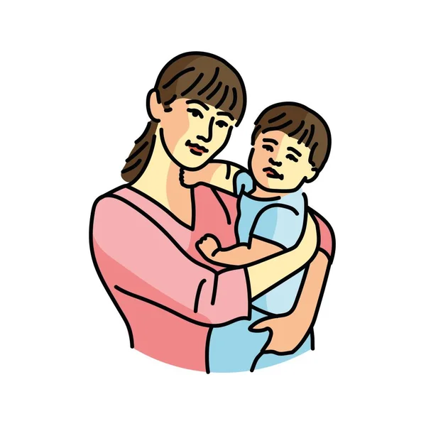 Cute Asian Mother Baby Color Line Illustration Lgbt Adoption Children — Stock Vector