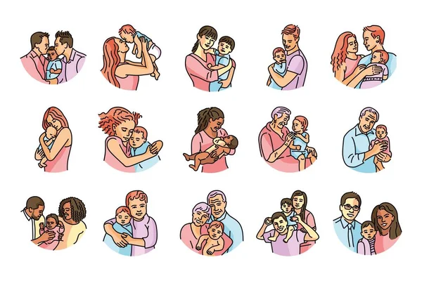 Family Color Line Illustration Happy Couple Children — Stock Vector