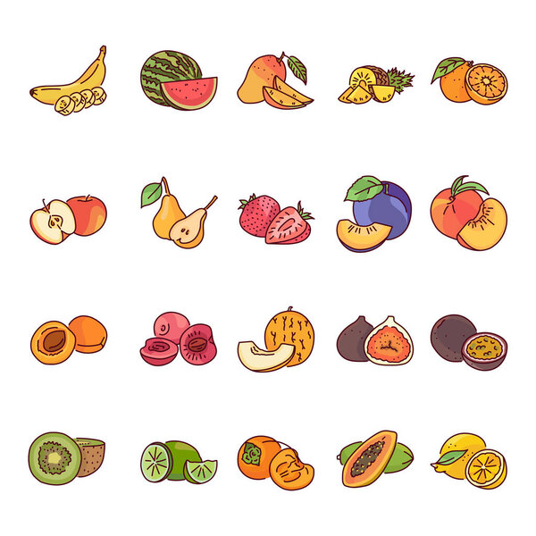 Fruits color line icons set. Pictograms for web page, mobile app, promo. UI UX GUI design element. Editable stroke.