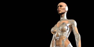 Dişi android robot. Son derece detaylı ve gerçekçi yüksek çözünürlüklü 3D görüntüleme